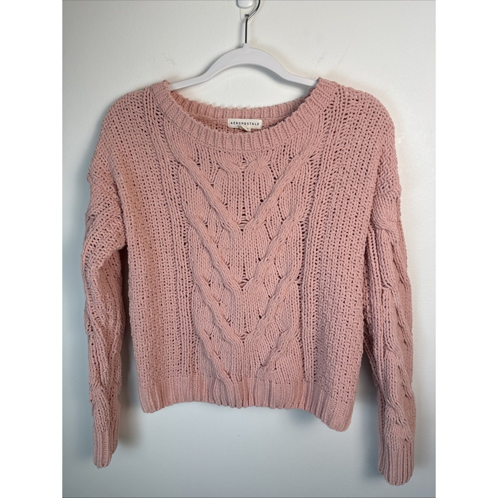 Aeropostale Chenille Womens Pink Long Sleeve Chunky Cable Knit Sweater Sz XS